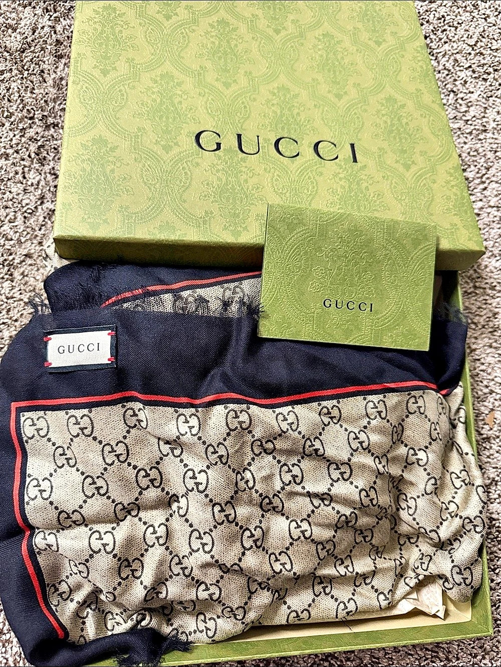Gucci GG Bee Star Jacquard Wool Silk Scarf Blue & Brown